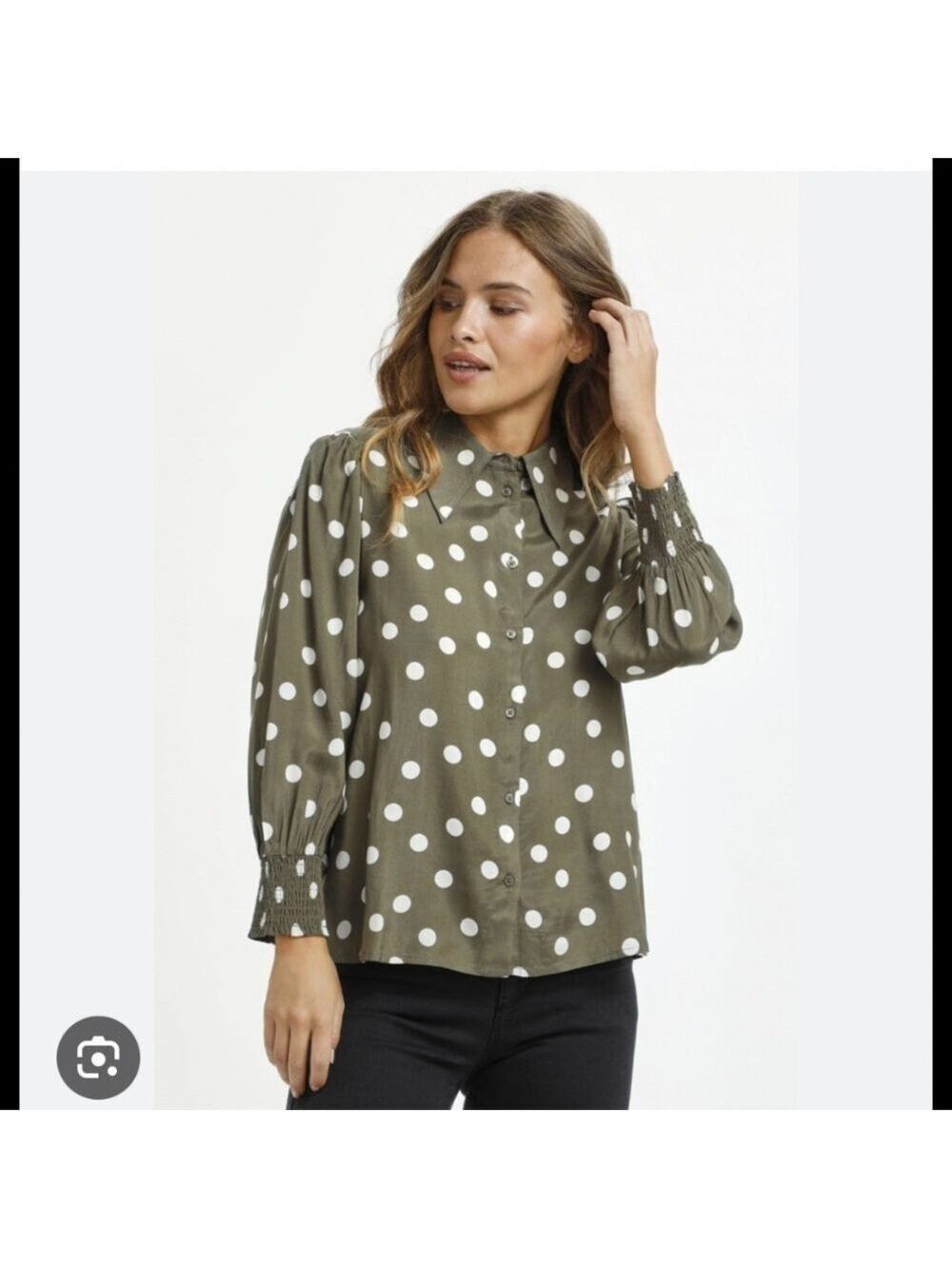 Kaffe Chic Olive Green Polka Dot Button Down Shirt size 36 Small-Medium
